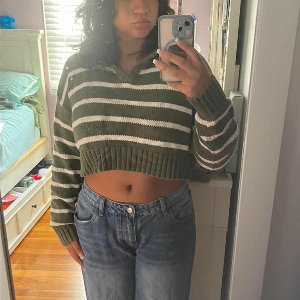 Striped Green and White Cropped Sweater